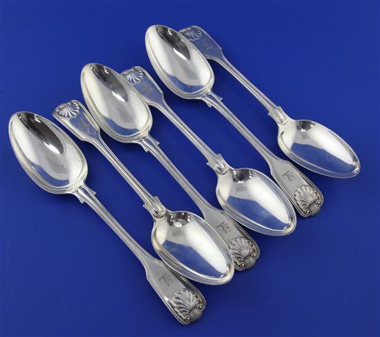 A set of six Victorian silver fiddle, thread and shell pattern table spoons by John & Henry Lias, 19.5 oz.